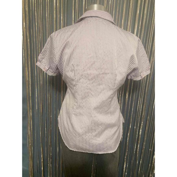 X-teen’s Shirt Women Sz M Purple Button Up Short Cap Sleeve Pin Stripe Nice Cut - Picture 2 of 12